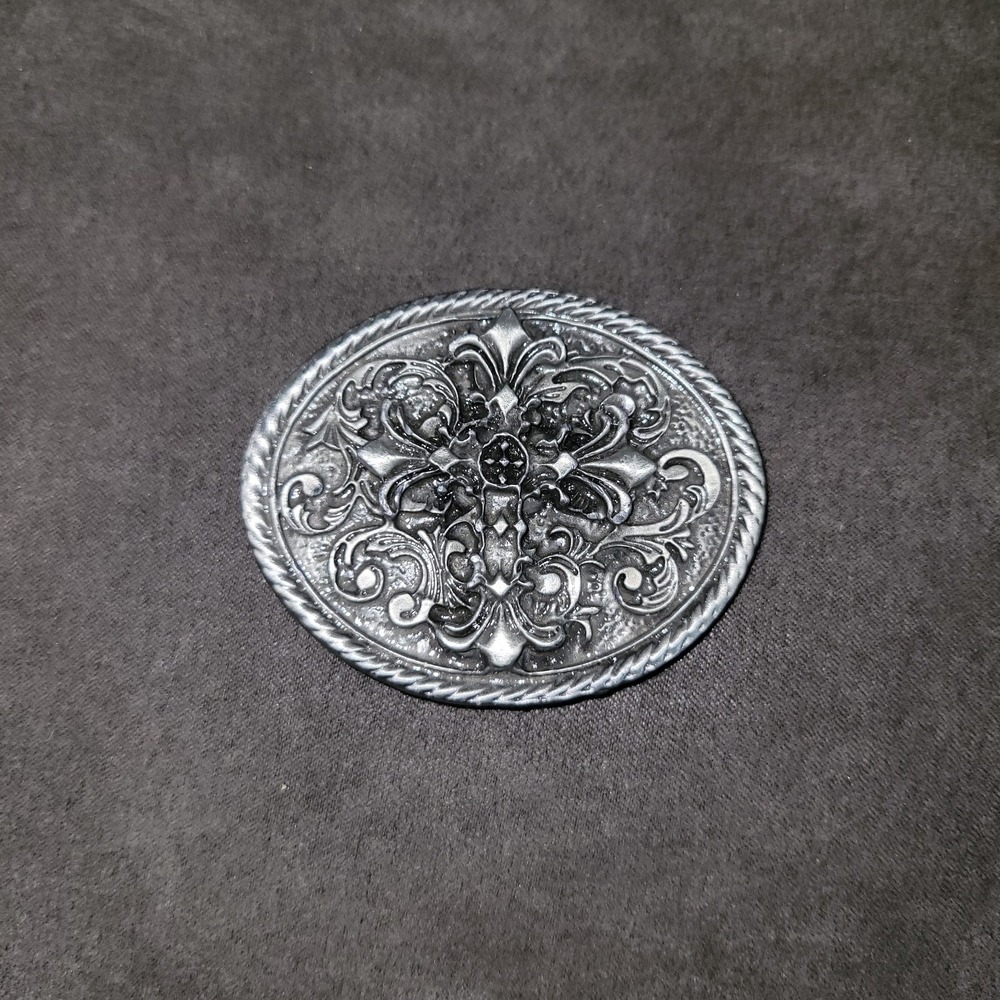 Vintage Filigree Floral Cross Scroll Metal Pewter Belt Buckle